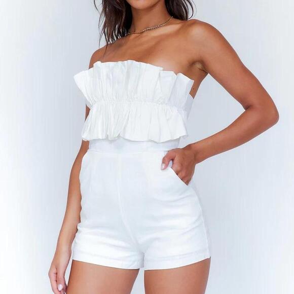 Princess Polly Hunter Mae Strapless Ruched Frill Short Romper White 6 - Picture 1 of 10